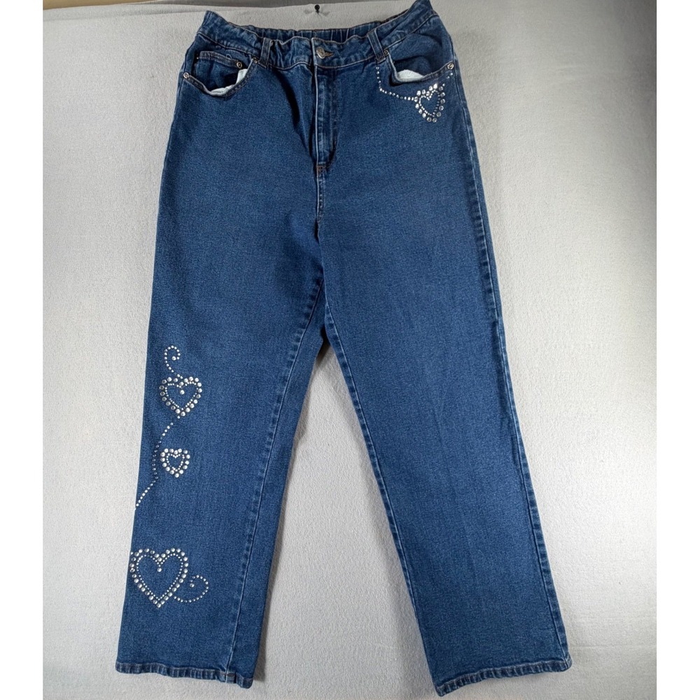 Quacker Factory Vintage Y2K Women's Jeans L Blue Rhinestone Heart Straight Leg
